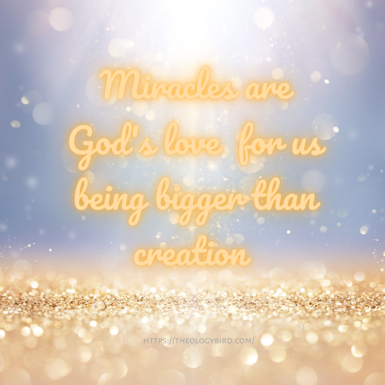Text reads: Miracles are God's love being bigger than creation
behind is gold glitter falling in front of a light and a blue background.